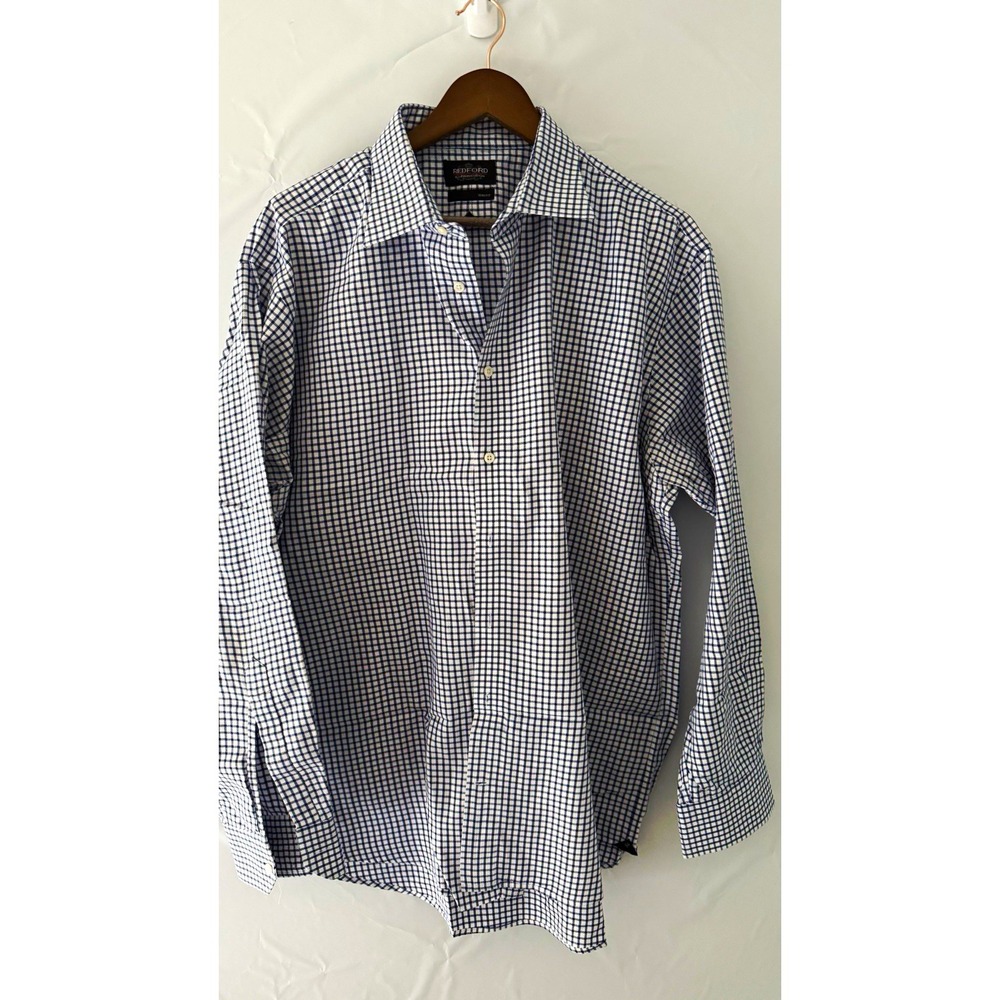 Redford Slim Fit Cotton Blue/White Check Dress Shirt 17.5 36/37 Easy Care